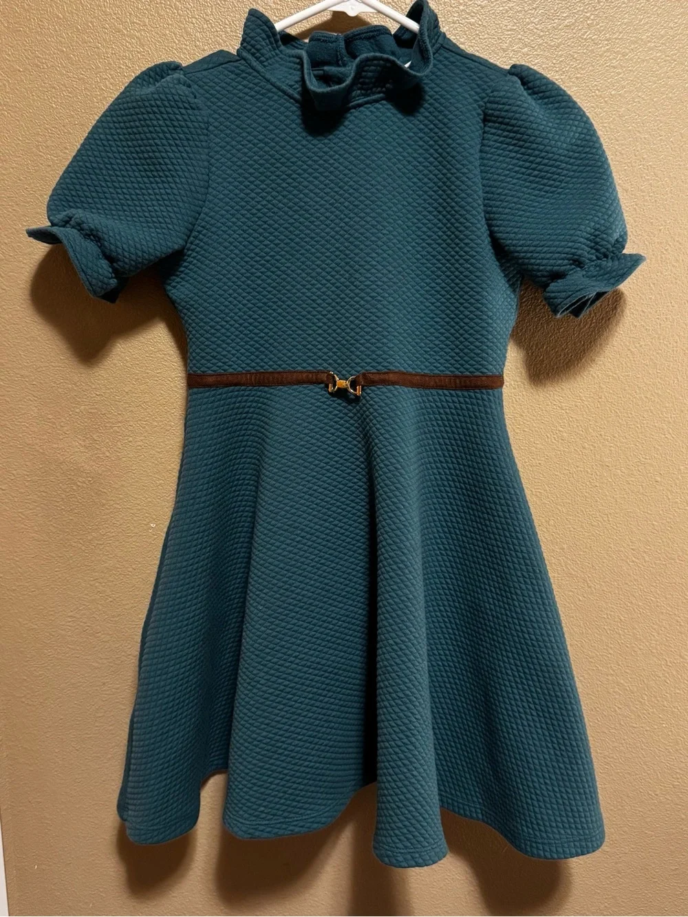 Janie and Jack Fall 2021 Dark Teal Textured Puff Sleeve Dress